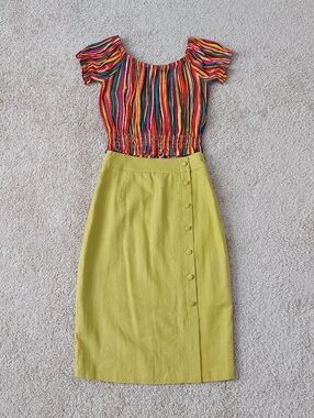 Top Skirt Set Yellow Linen Midi Skirt Summer Light Minimalist Stripe Top XS